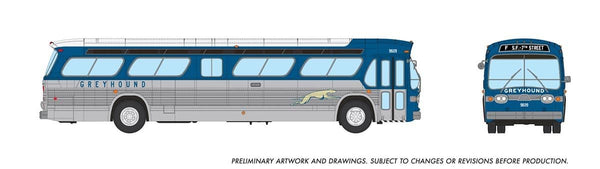 Rapido 753119 HO Greyhound New Look bus 9609, preliminary manufacturer artwork showing side and front