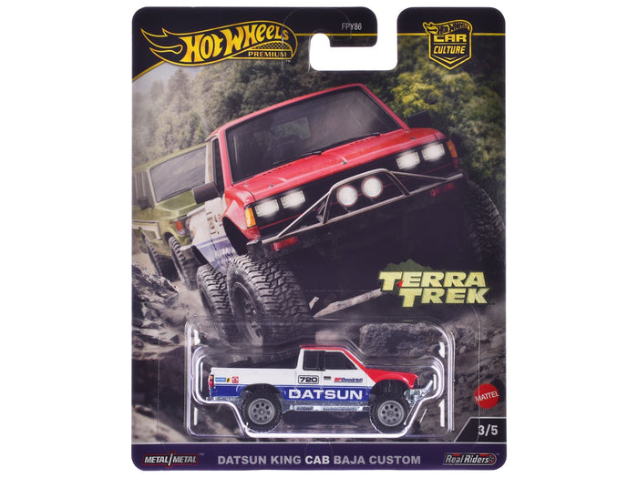 Datsun King Cab Baja Custom Pickup Truck #720 White and Blue with Red Hood "Terra Trek" Series Diecast Model Car by Hot Wheels