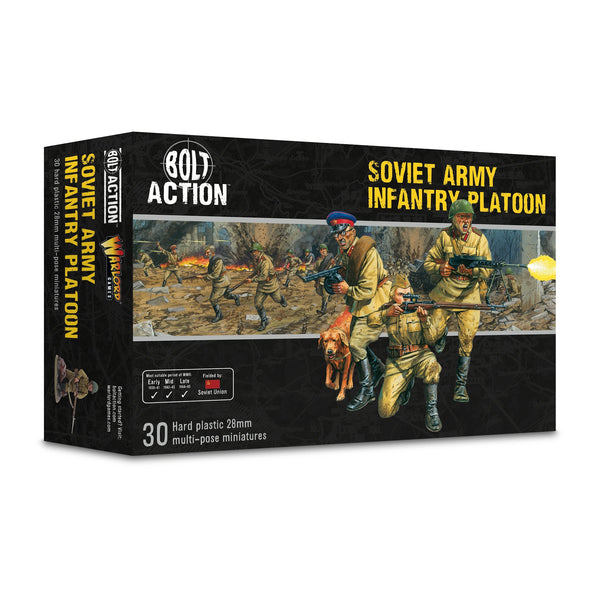 Warlord Games 402014008 Bolt Action Soviet Army Infantry Platoon box; 30 hard plastic 28mm multi-pose miniatures.