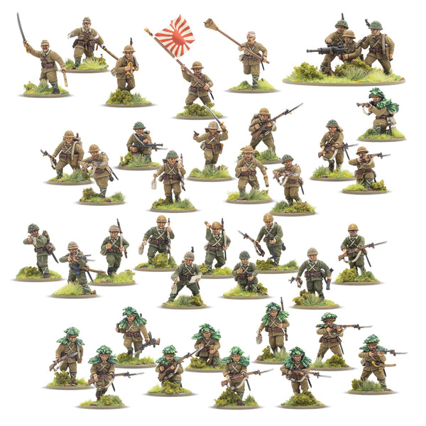 Japanese Army Infantry Platoon 402016003: painted examples of build options for the 30-model kit; models supplied unassembled and unpainted.