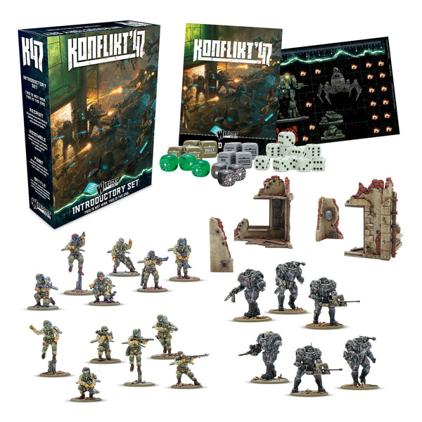 Warlord Games 452610008 Konflikt '47 Introductory Set box and contents; miniatures and terrain shown assembled and painted.