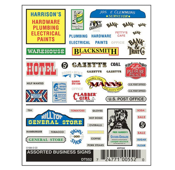 Woodland Scenics DT552 Assorted Business Signs dry transfer decal sheet