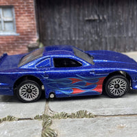(1 of 2) 1997 Hot Wheels 1:64 scale Blue Ford Mustang Cobra, flame graphics, loose. Definitely has wear, please see pics. BARGAIN BIN!