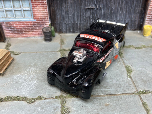 Custom Hot Wheels 1941 Willys Coup Drag Car In Master of the Universe Ram Man Livery With American Racing Wheels With Goodyear Rubber Tires