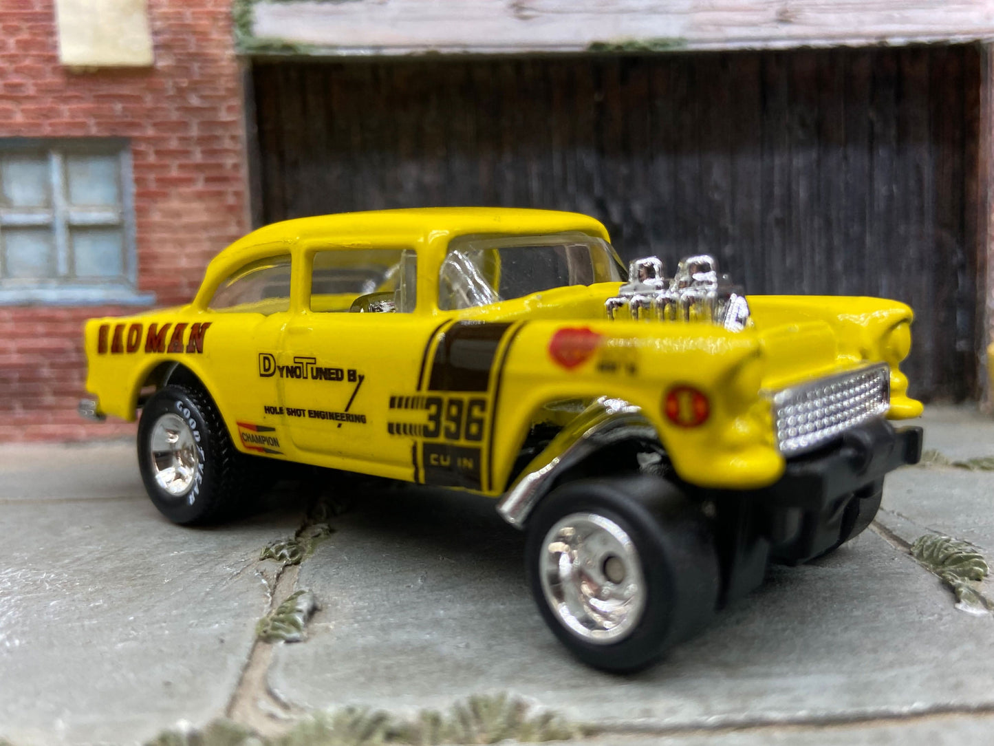 Custom Hot Wheels - 1955 Chevy Gasser Drag Car - Goodyear Drag Slicks - Custom Painted Yellow BADMAN Racing