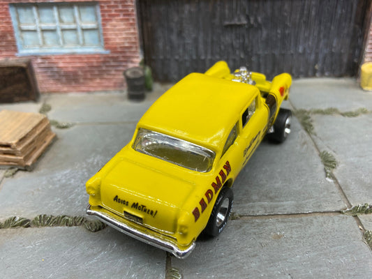Custom Hot Wheels - 1955 Chevy Gasser Drag Car - Goodyear Drag Slicks - Custom Painted Yellow BADMAN Racing