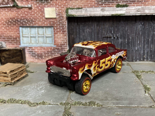 Custom Hot Wheels 1955 Chevy Gasser Drag Car In Red With Flames With Gold 5 Spoke Race Wheels With Redline Rubber Tires