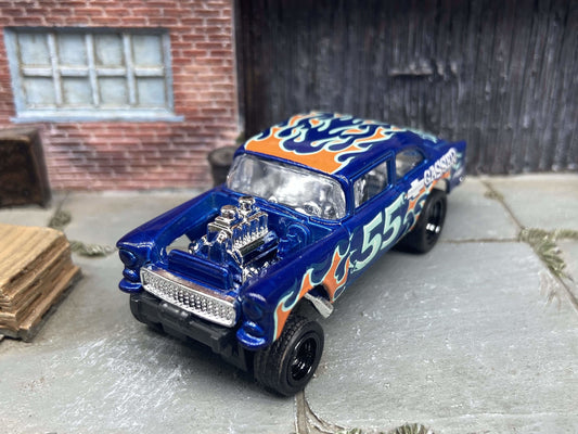 Custom Hot Wheels 1955 Chevy Gasser In Blue With Black 5 Spoke Race Wheels With Rubber Tires