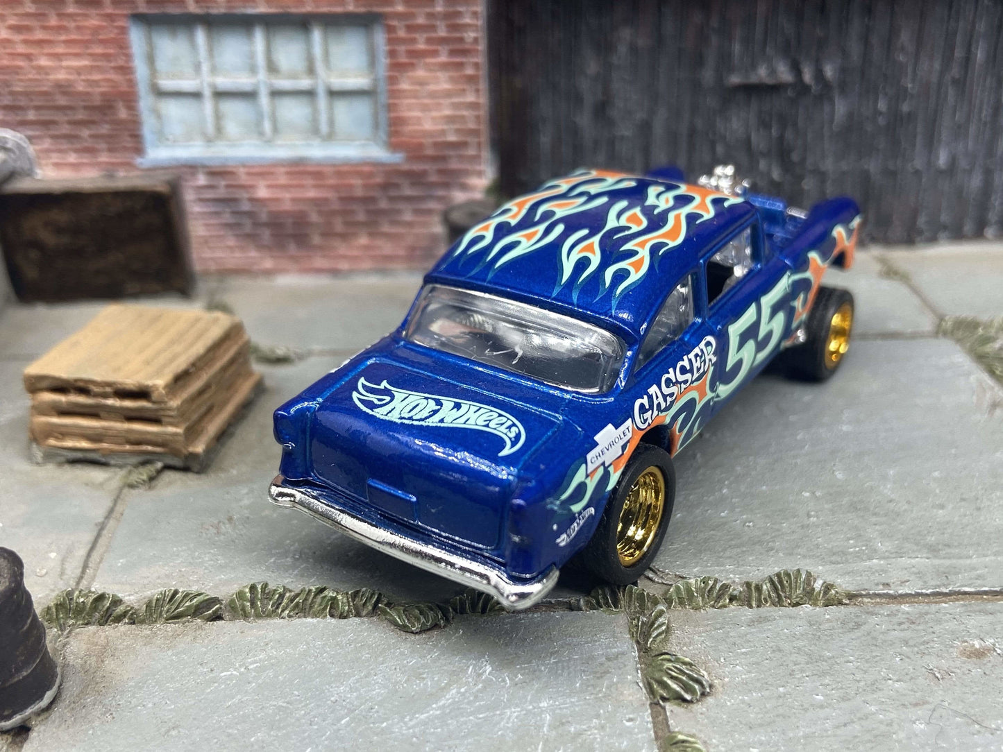 Custom Hot Wheels 1955 Chevy Gasser In Blue With Gold 5 Spoke Race Wheels With Rubber Tires