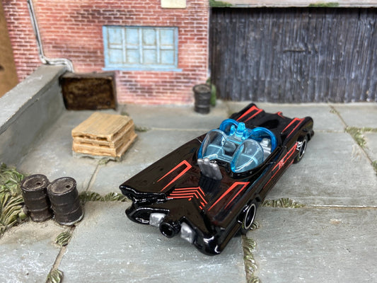 Custom Hot Wheels - 1960's Batman Batmobile TV Series Car - Black and Red - Black Racing Wheels -Firestone Rubber Tires