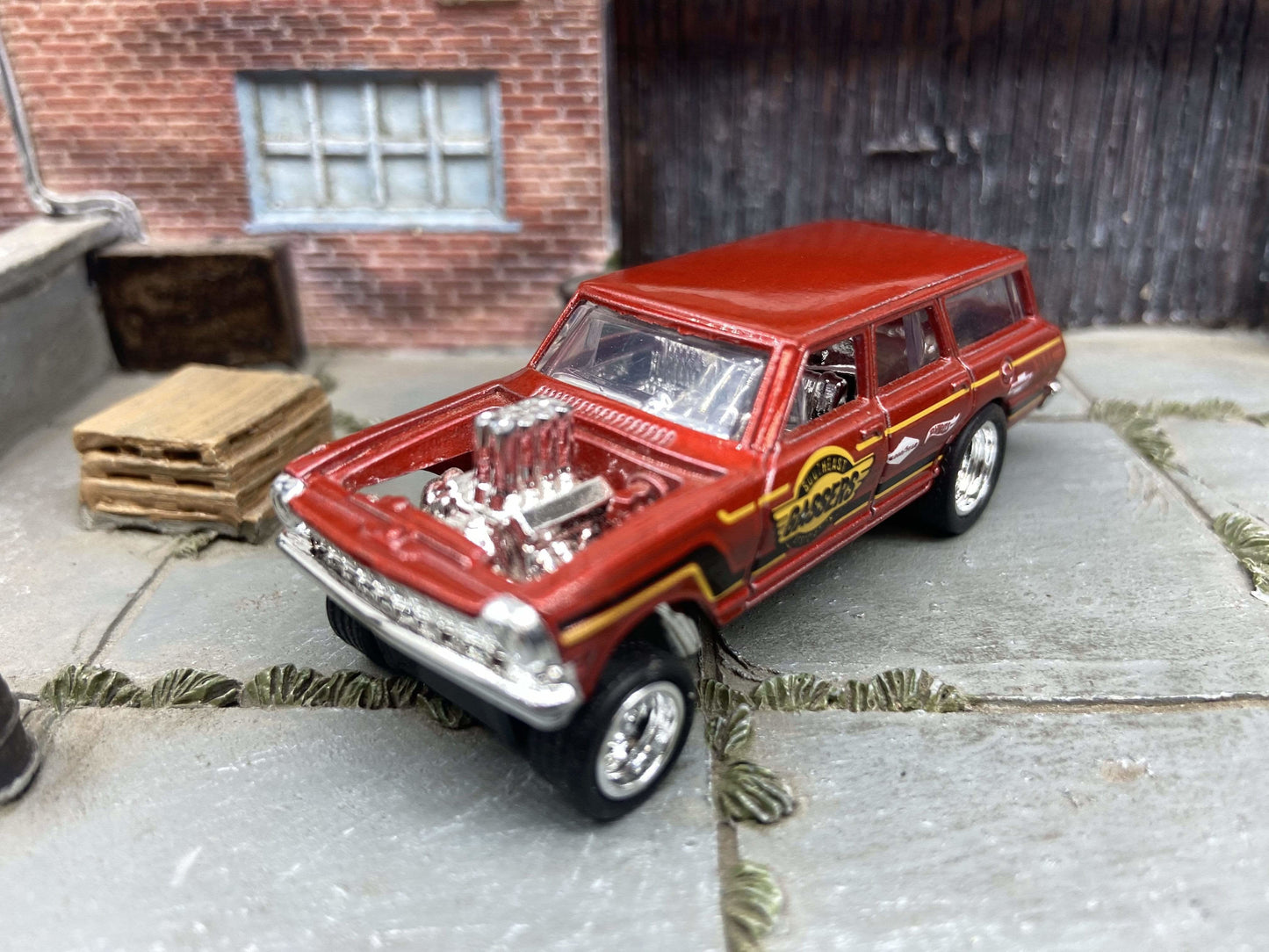 Custom Hot Wheels - 1964 Chevy Nova Station Wagon Gasser Drag Car - Burgundy - Chrome 5 Spoke Deep Dish Wheels - Rubber Tires