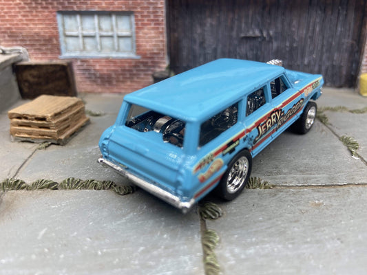 Custom Hot Wheels 1964 Chevy Nova Station Wagon Gasser Drag Car In Blue With 5 Spoke Deep Dish Race Wheels With Rubber Tires