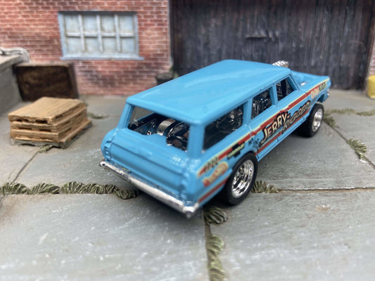 Custom Hot Wheels 1964 Chevy Nova Station Wagon Gasser Drag Car In Blue With 5 Spoke Deep Dish Race Wheels With Rubber Tires