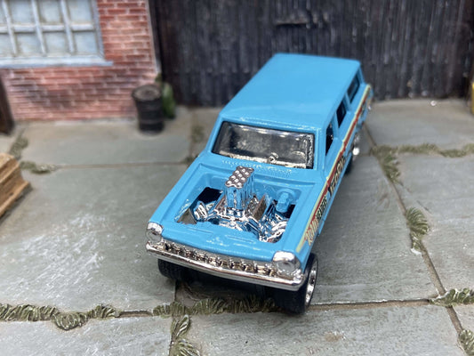 Custom Hot Wheels 1964 Chevy Nova Station Wagon Gasser Drag Car In Blue With Chrome Steel Wheels With Rubber Tires