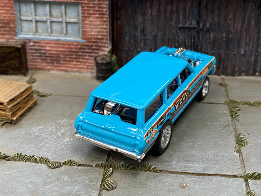 Custom Hot Wheels - 1964 Chevy Nova Station Wagon Gasser - Light Blue Jerry Rigged - Weld Mag Wheels Front Skinnys - Rubber Tires