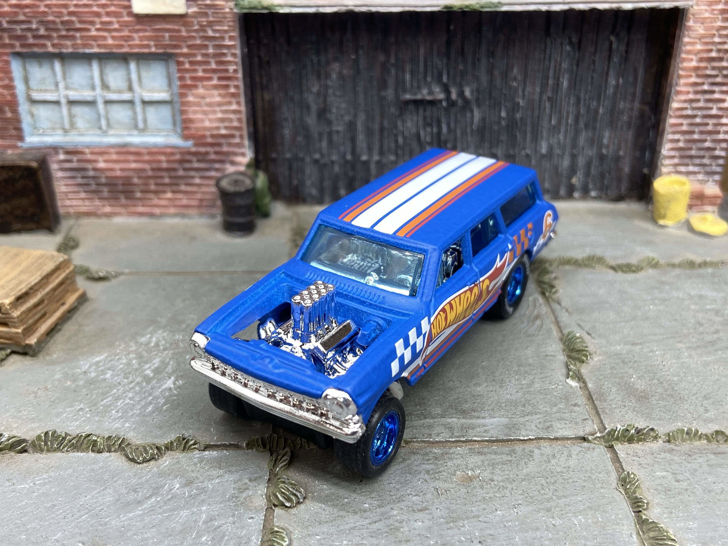 Custom Hot Wheels 1964 Chevy Nova Wagon Gasser In Hot Wheels Blue Livery With Blue 5 Star Wheels With Hoosier Rubber Tires