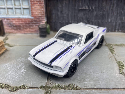 Custom Hot Wheels 1965 Ford Mustang Fastback In Detroit White and Blue With Black Deep Dish 5 Spoke Wheels With Rubber Tires