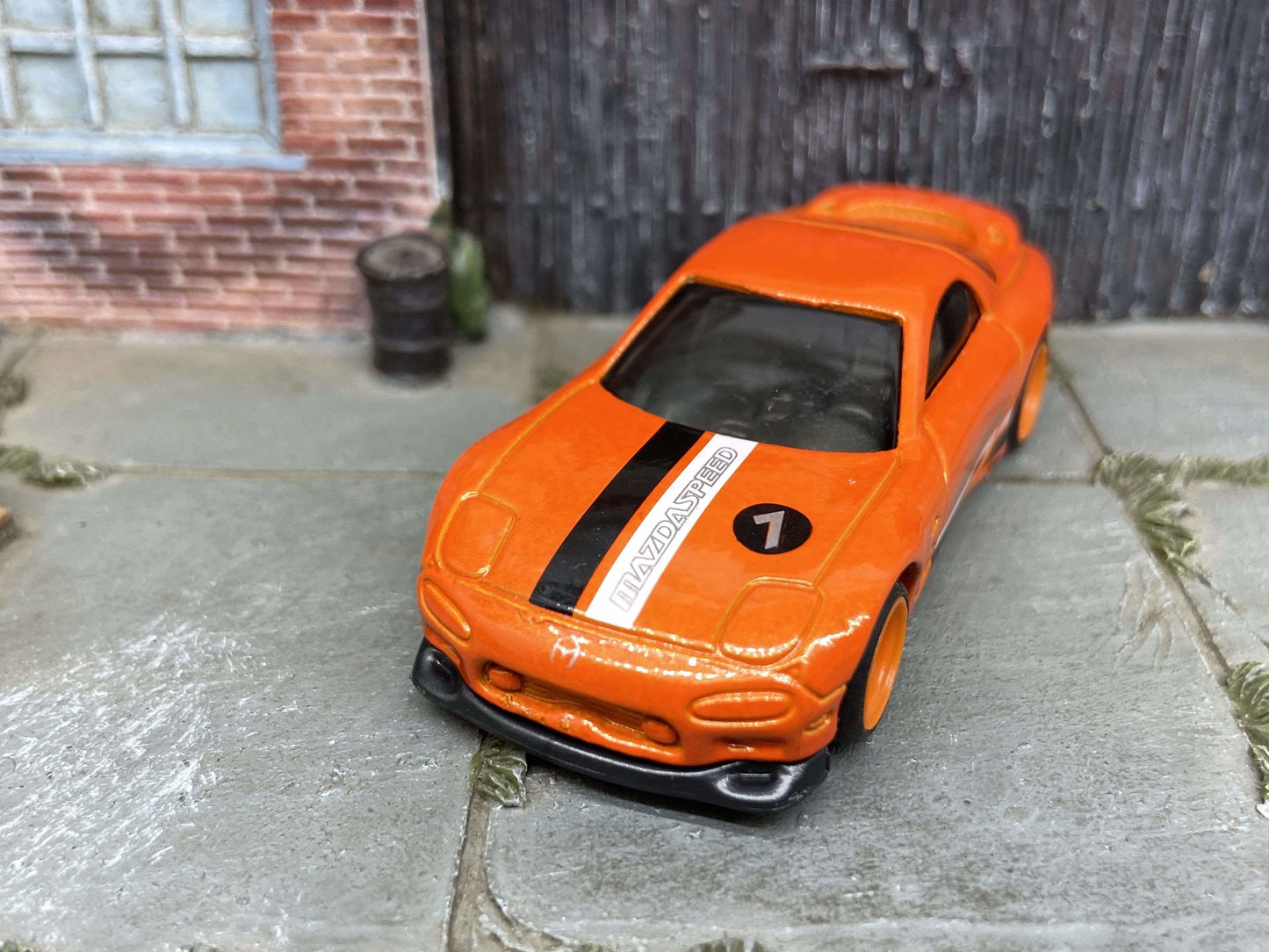 Custom Hot Wheels 1995 Mazda RX-7 In Orange With Orange 4 Spoke Deep Dish Wheels With Rubber Tires