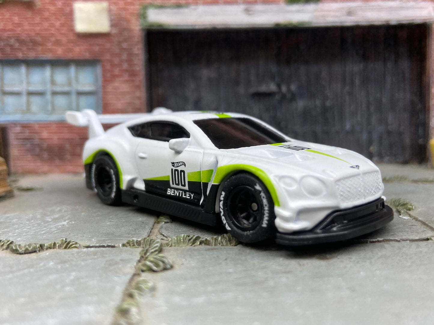 Custom Hot Wheels 2018 Bentely Continental GT3 In Satin White and Green With Black Track Wheels With Yokohama Rubber Tires