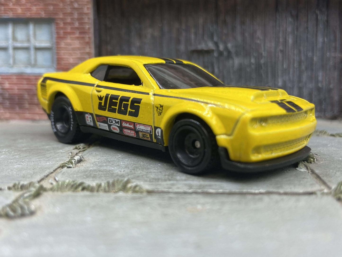 Custom Hot Wheels 2018 Dodge Challenger SRT Demon in Jegs Yellow and Black With Black Race Wheels With Hoosier Rubber Tires