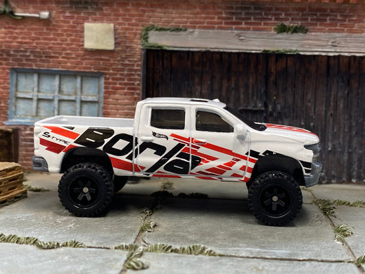 Custom Hot Wheels - 2019 Chevy Silverado Trail Boss LT 4x4 - White and Red Borla - Satin Black 6 Spoke Wheels - Off Road Rubber Tires