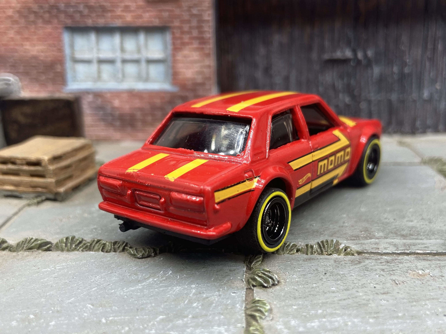 Custom Hot Wheels Datsun BlueBird 510 Race Car In MOMO Red With Black 5 Spoke Deep Dish Wheels With Yellow Line Rubber Tires