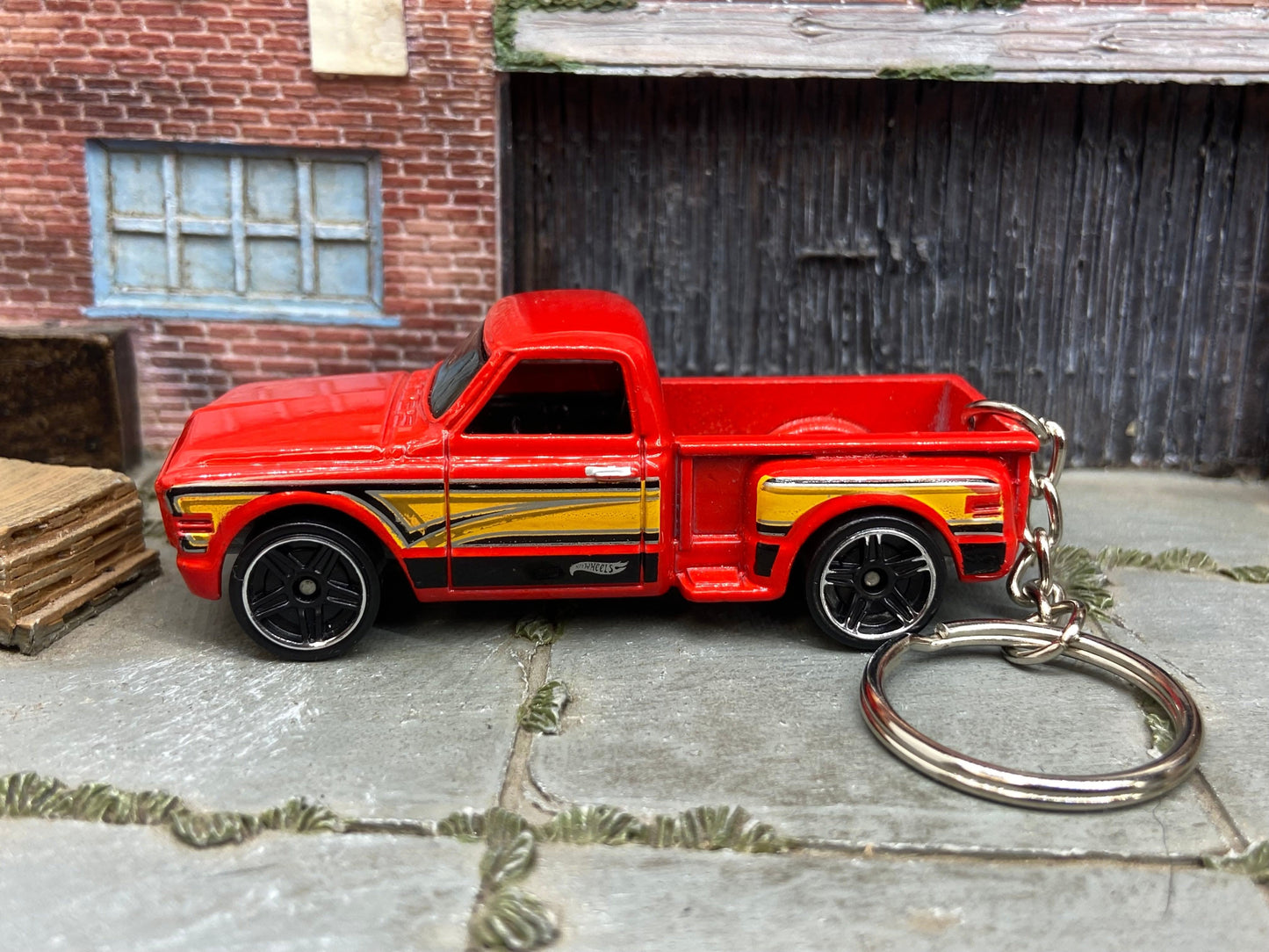 Custom Hot Wheels Keychain - Key Chain - Zipper Pull - 1969 Chevy Pick Up Truck Red With Graphics