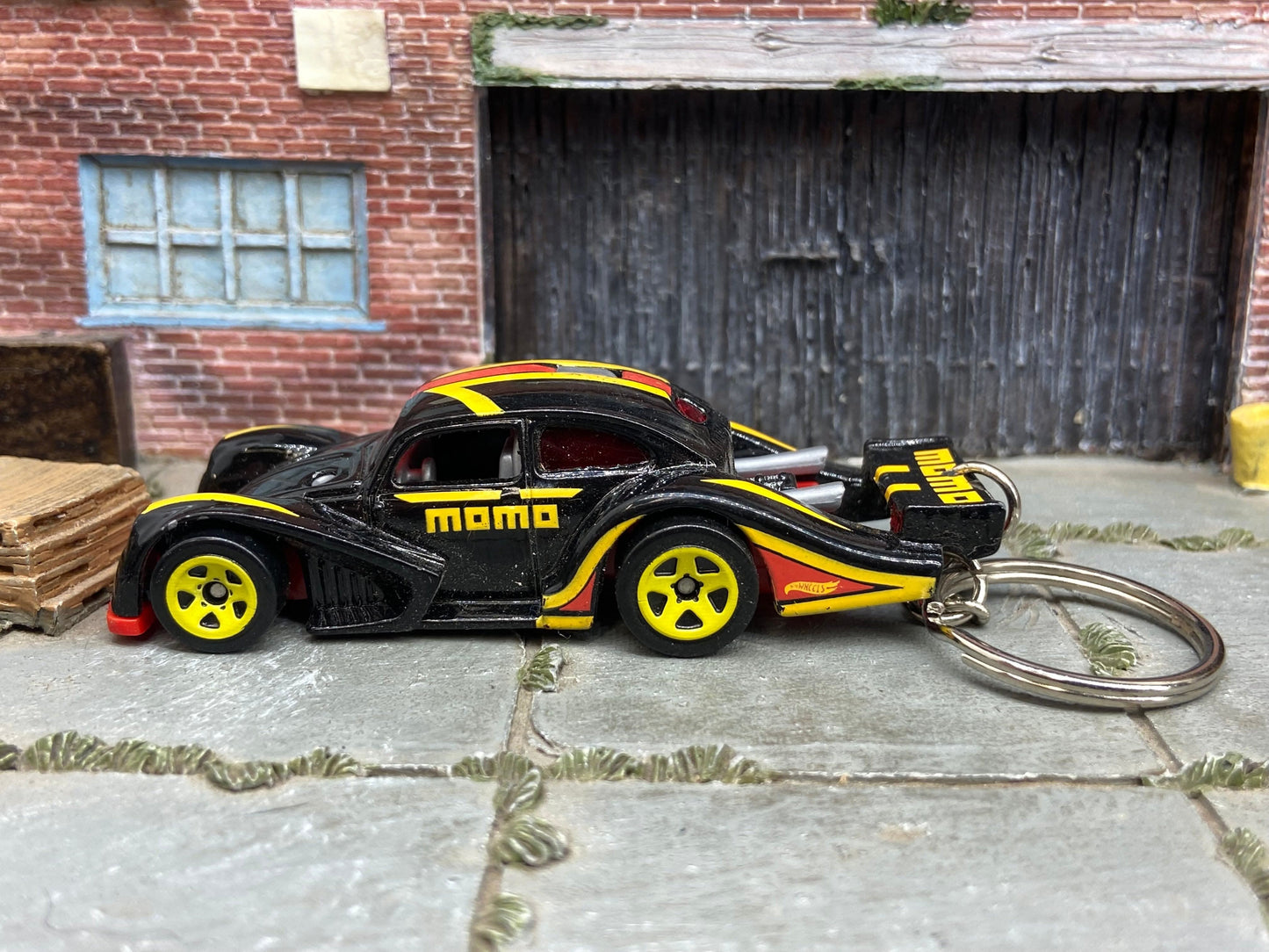 Custom Hot Wheels Keychain - Key Chain - Zipper Pull - VW Kafer Racer in MOMO Black