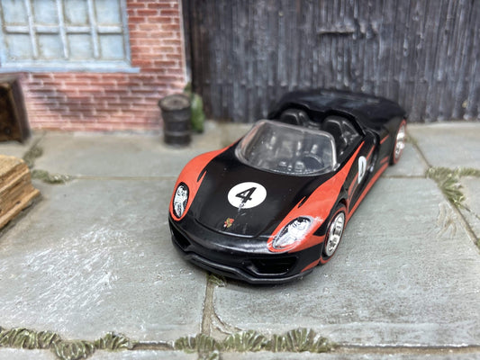 Custom Hot Wheels Porsche 918 Spyder Race Car In Black and Red With Chrome 5 Spoke Wheels With Redline Rubber Tires
