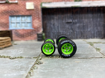 Custom Hot Wheels - Wheels and Matchbox Rubber Tires - Green 6 Spoke Wheels 