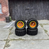 Custom Hot Wheels Wheels and Matchbox Rubber Tires - Orange and Green 4 Spoke Racing Wheels Rubber Off Road 4X4 Tires