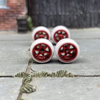 Custom Hot Wheels Wheels and Matchbox Rubber Tires - Red Anodized 6 Spoke Studded Race Wheels White Rubber Tires 10mm & 10mm