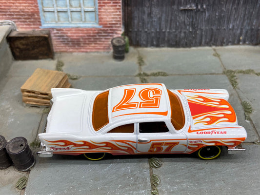 Loose Hot Wheels - 1957 Plymouth Fury - White and Orange with Flames
