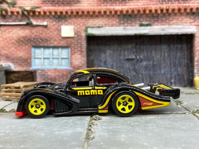 Loose Hot Wheels: VW Volkswagen Kafer Racer Race Car Dressed in Momo Black, Red and Yellow Livery