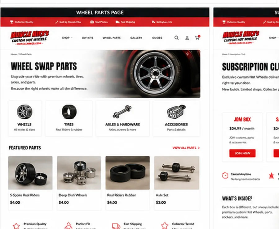 Custom diecast parts and wheel swap pieces on the workbench