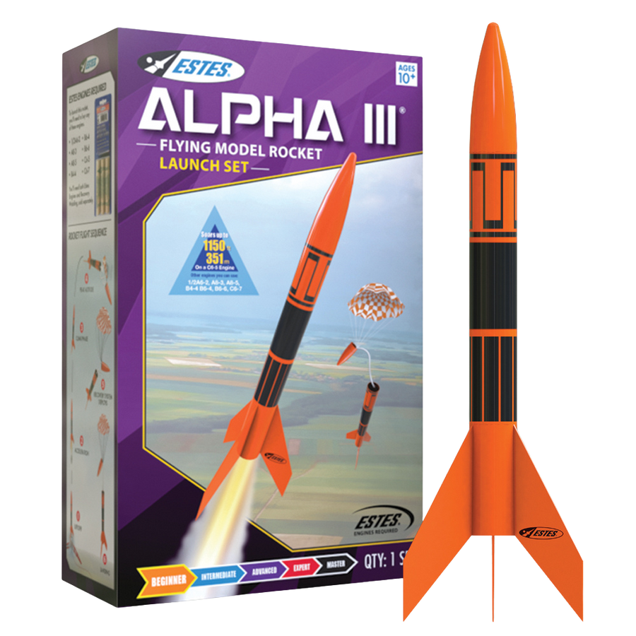 Estes Alpha III model rocket launch set with rocket, launch pad and controller
