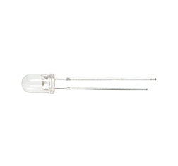 Individual Miniatronics 12-500-10 white 5 mm through-hole LED, showing the clear body and two leads; package contains ten LEDs.
