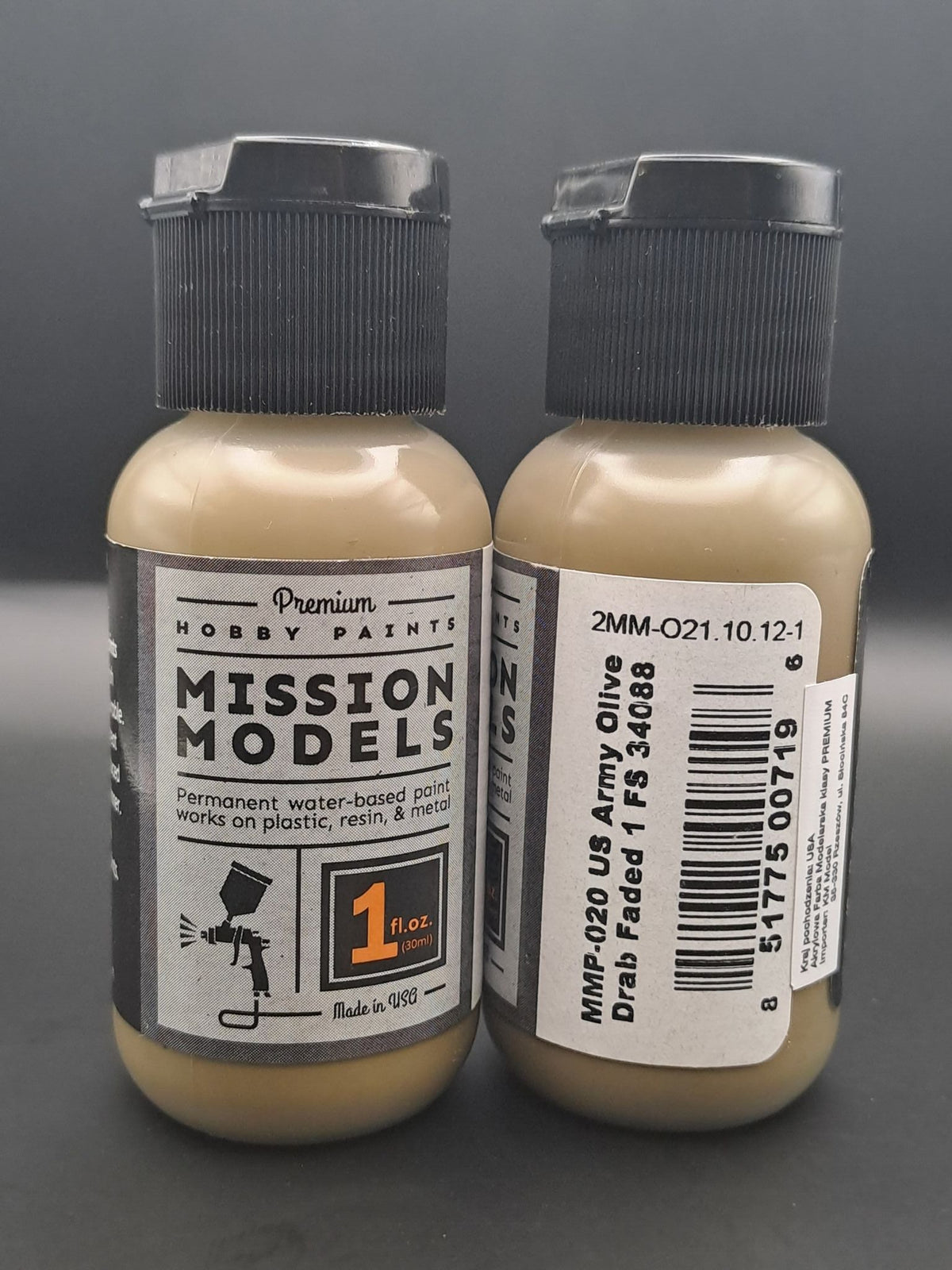 Mission Models MMP-020 US Army Olive Drab Faded1 FS34088 front and rear bottle label views