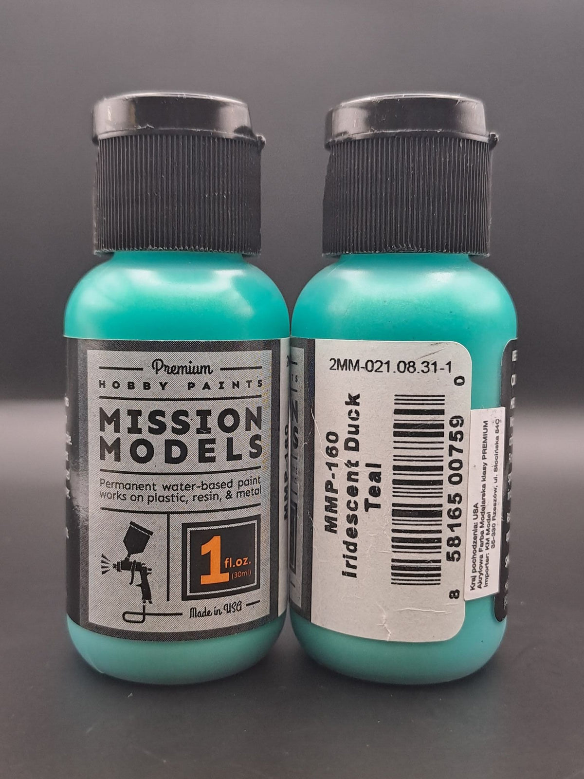 Mission Models MMP-160 Iridescent Duck Teal front and rear bottle label views