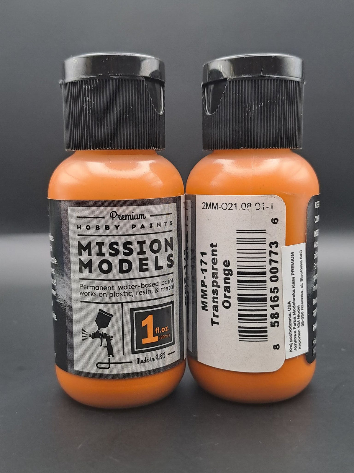 Mission Models MMP-171 Transparent Orange front and rear bottle label views