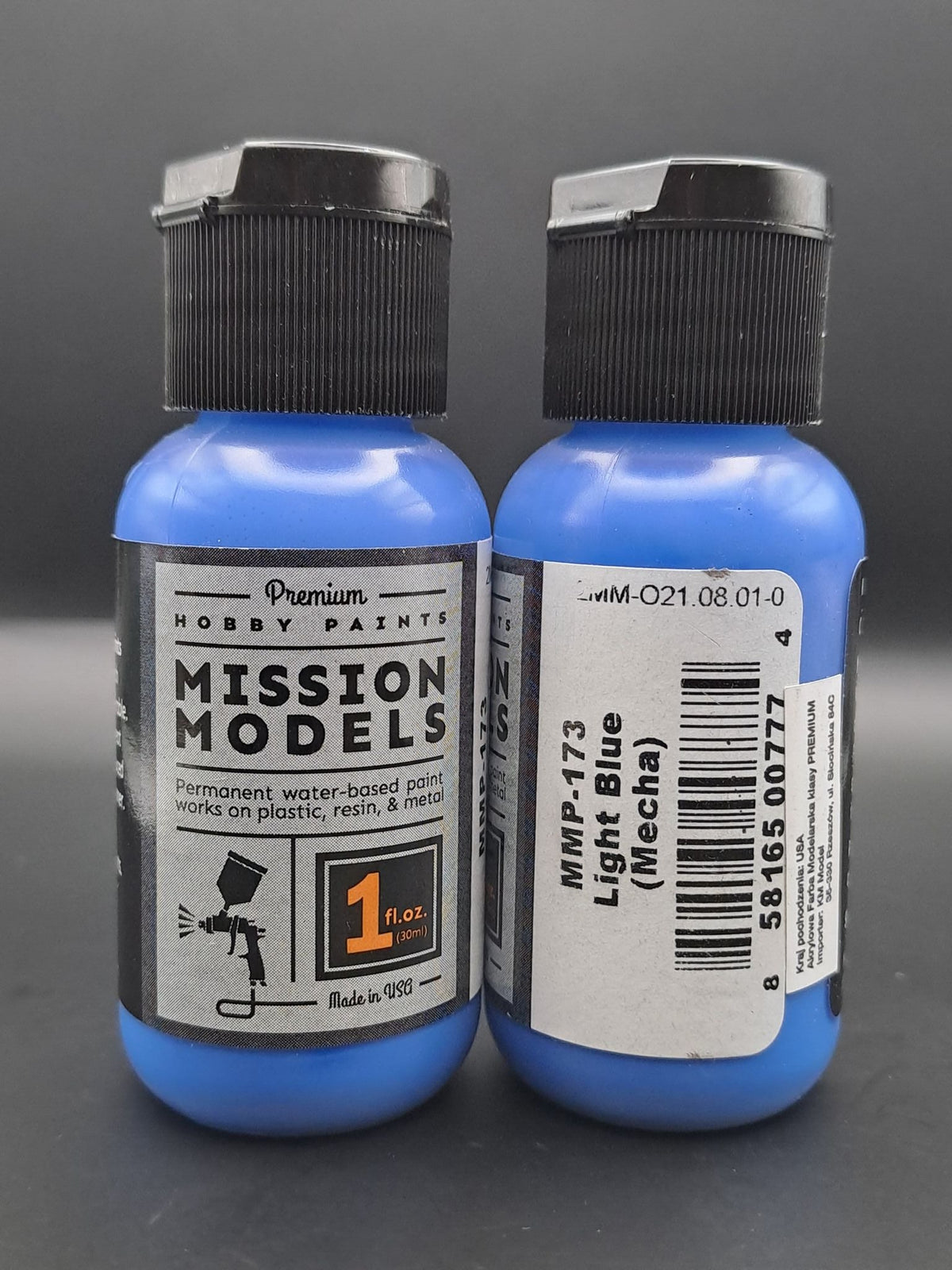 Mission Models MMP-173 Light Blue (Mecha) actual bottle front and back labeling; one 1 fl oz bottle