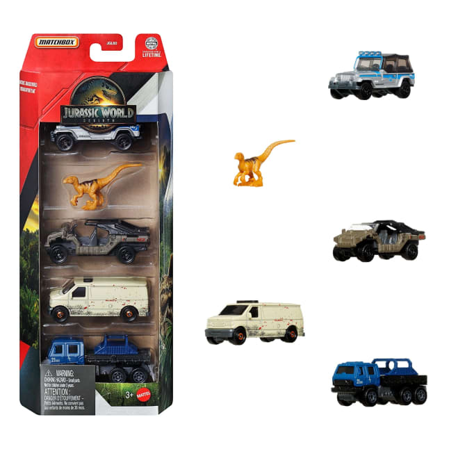 Matchbox Jurassic World JGL60 representative manufacturer five-pack image; actual supplied variant must be confirmed