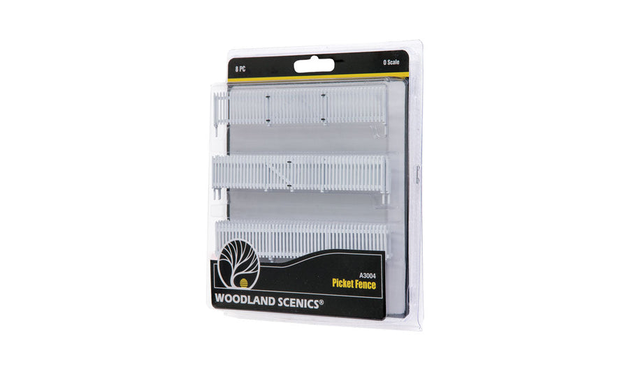 Woodland Scenics A3004 O scale Picket Fence, exact eight-piece retail package.