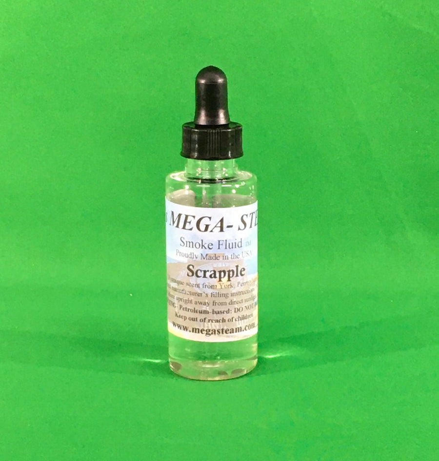JT's Mega-Steam 150 Scrapple smoke-fluid bottle with its labeled scent and black dropper cap.