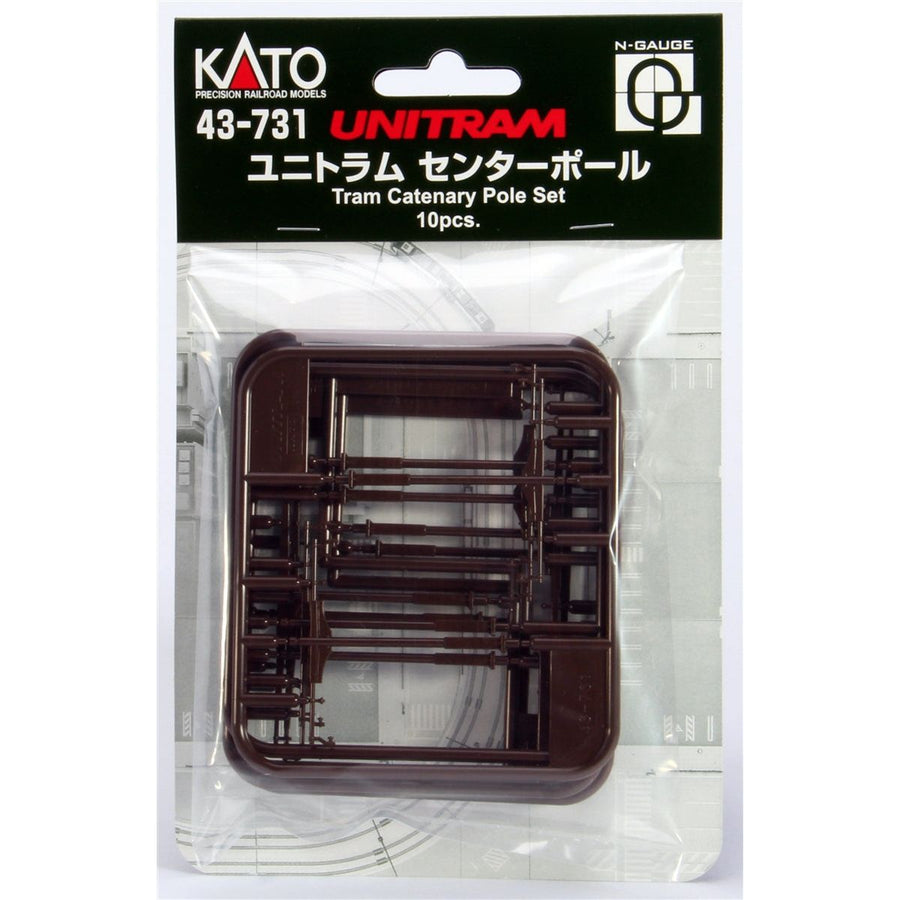 Kato 43-731 UNITRAM ten-piece tram catenary pole set, with brown molded poles visible in the original package