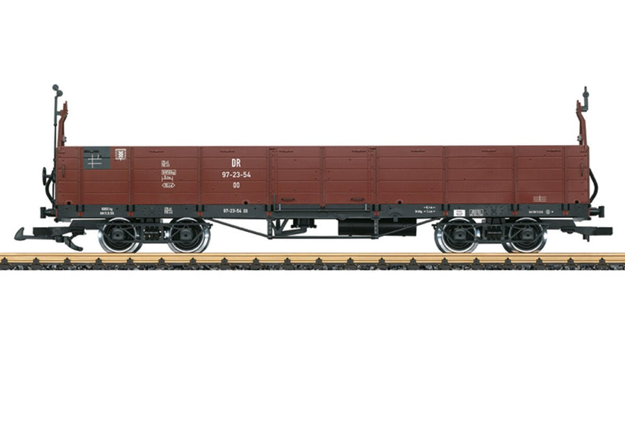 Brown LGB 43603 DR type oow gondola 97-23-54 with Era III markings, shown on example track that is not included.