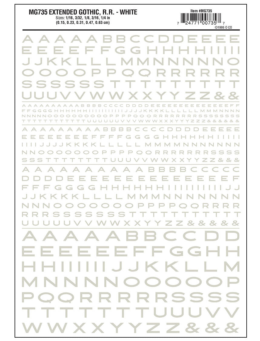 Woodland Scenics MG735 Dry Transfer Decals, Extended Gothic RR (White) — exact Woodland Scenics product 1