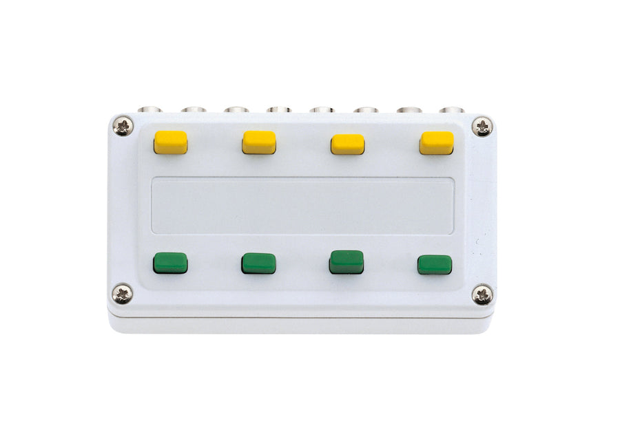 Märklin 72730 control box showing four yellow and four green pushbuttons and rear connection sockets.