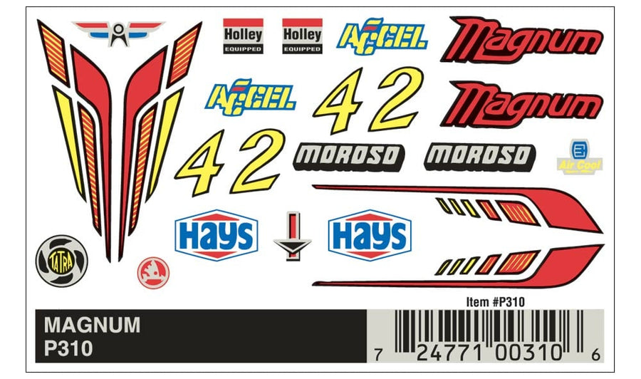 PineCar P310 Magnum dry transfer decal sheet with racing logos, number 42, and red, yellow, and black designs