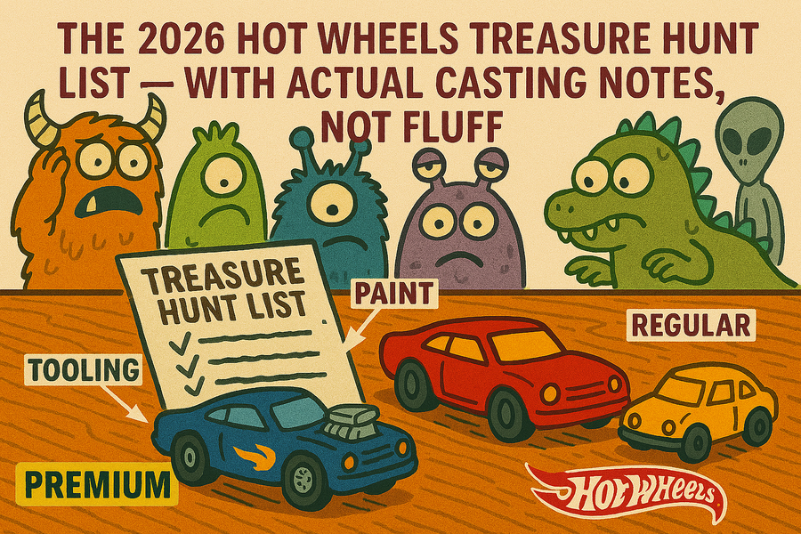 Editorial artwork accompanying the sourced 2026 Hot Wheels Treasure Hunt checklist; not a photograph of the full release lineup